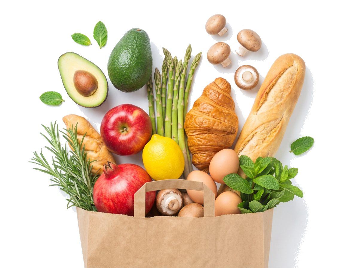 Sacola com frutas, legumes, ervas e pães